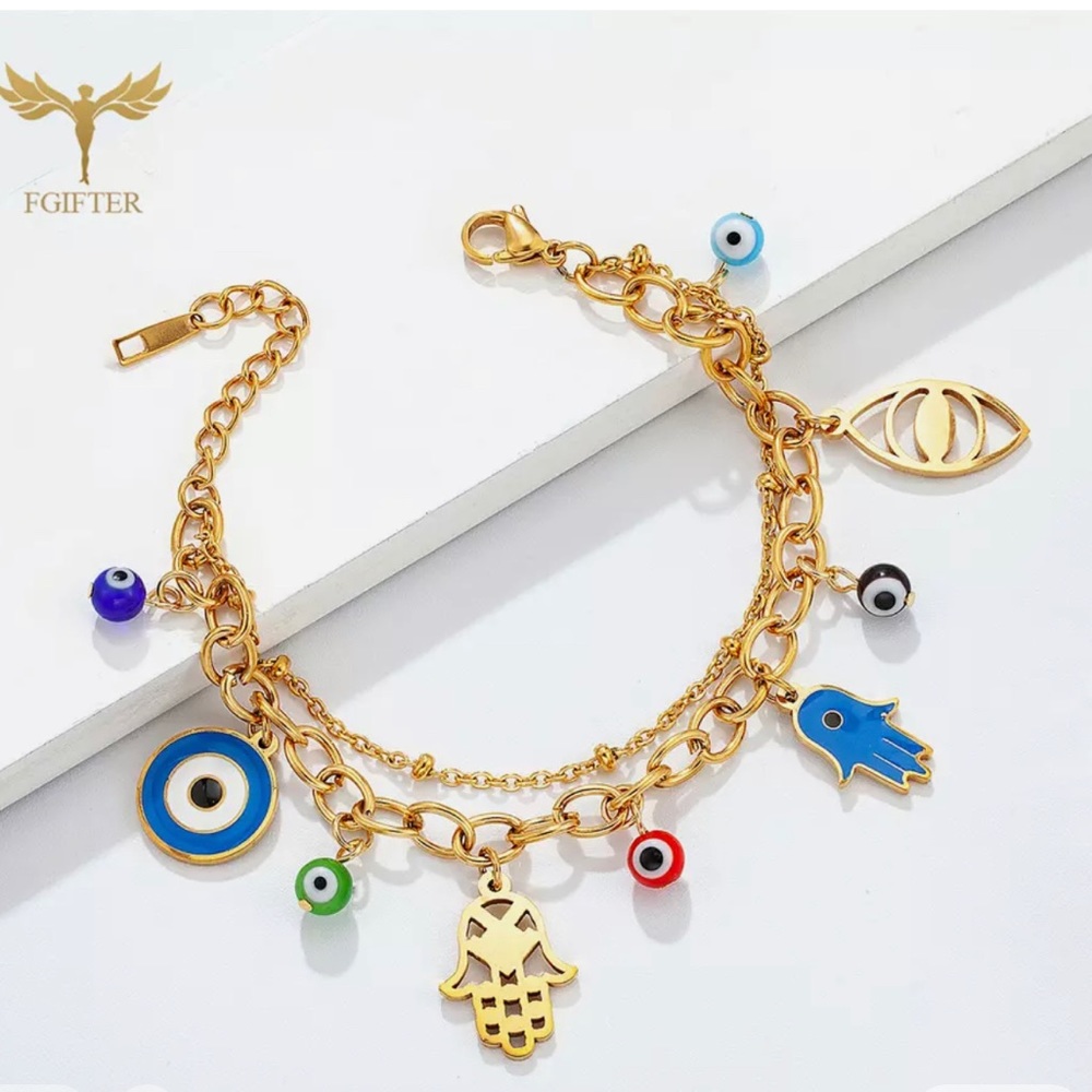 Blue Evil Eye CZ Bracelet for Women Gold Color Stainless Steel Drop Water Double